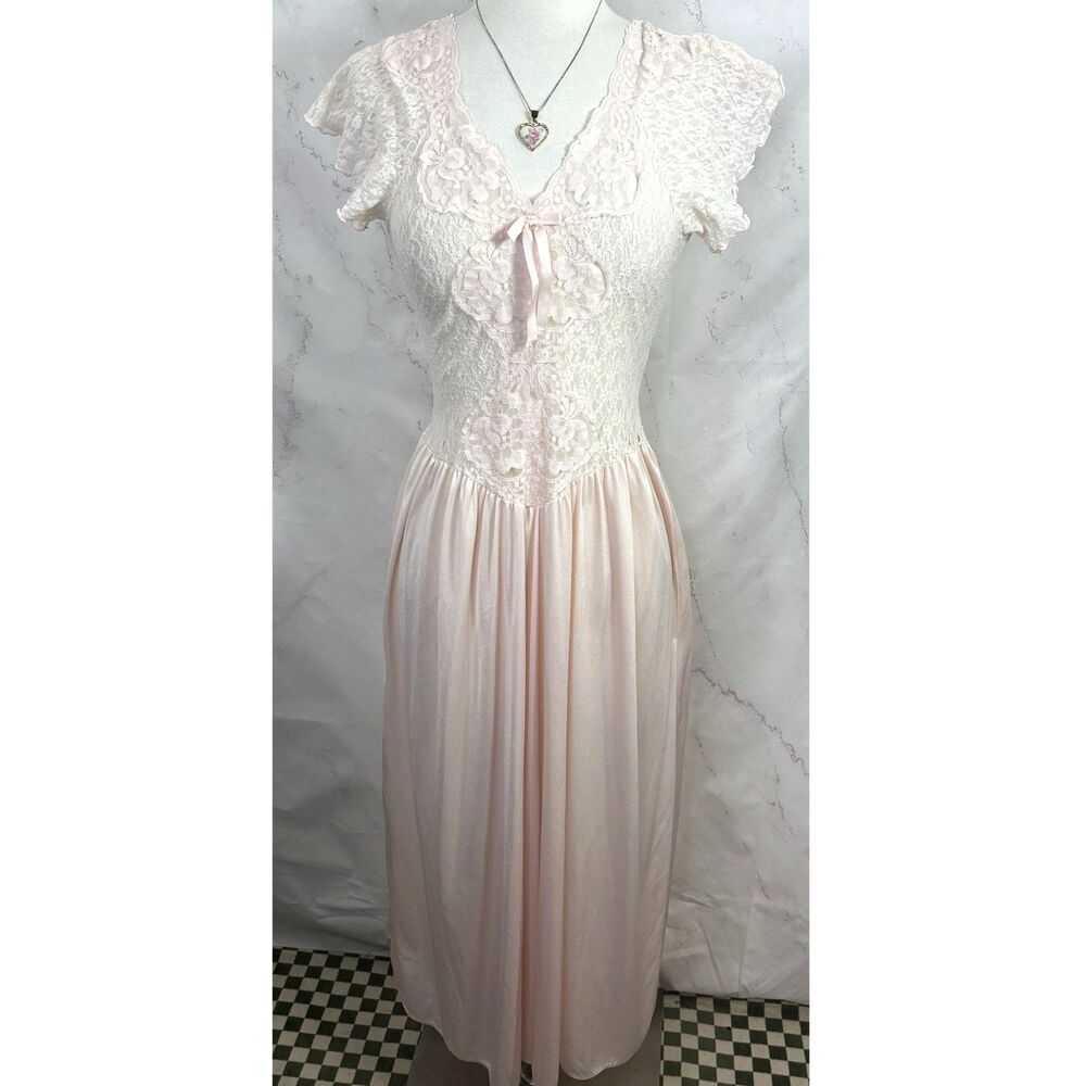 Vtg Ethereal Nightgown Baby Pink Lace Trim Basque Waist Slip Dress M Ballerina